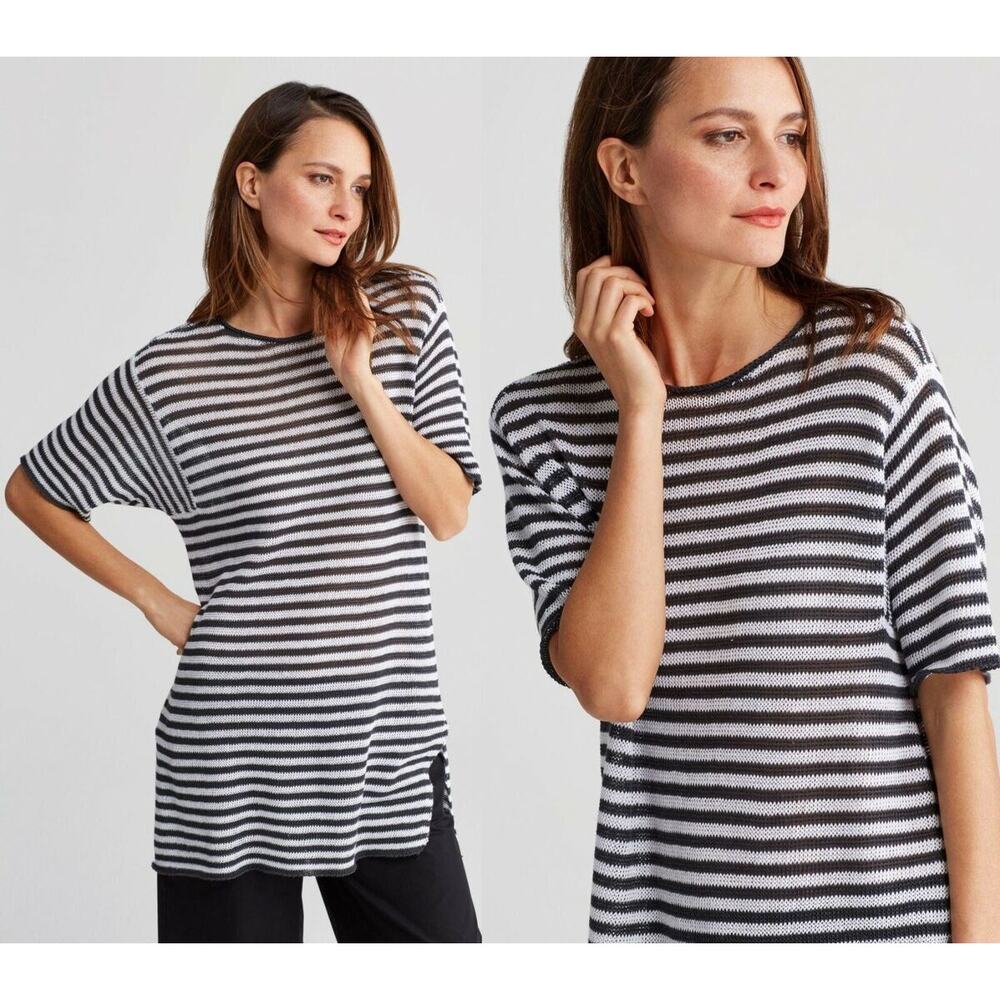 Eileen Fisher Organic Linen Black White Striped Short Sleeve Sweater Tunic Small